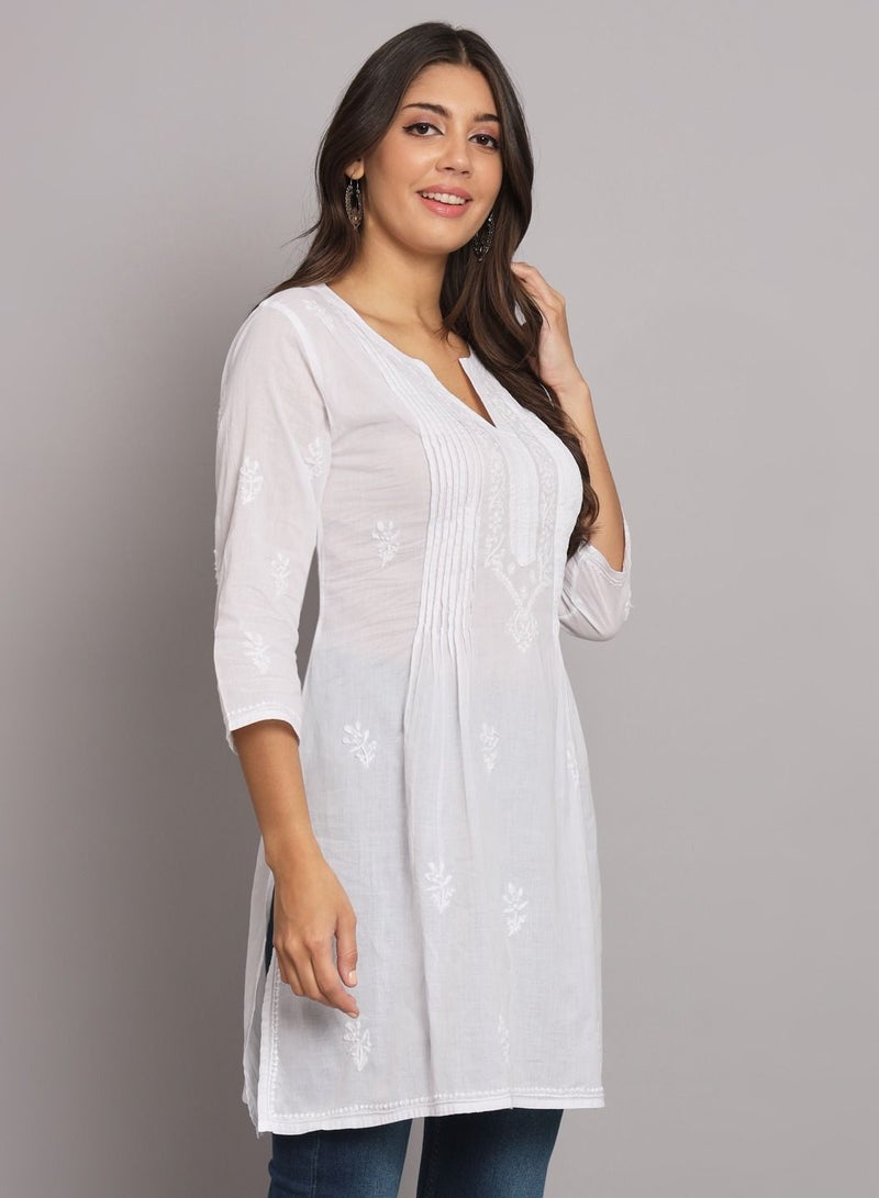 Hand Embroidered Chikankari Cotton Straight Pleated Tunic-AL1948