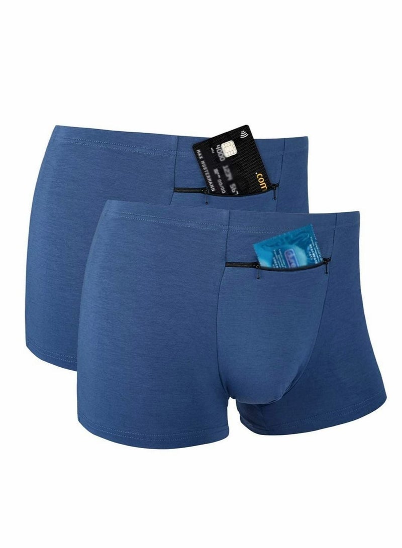 Men's Boxer Briefs Secret Hidden Pocket, 2 Pcs Pickpocket Proof Travel Secret Pocket Underwear, Pocket Panties (XL, Blue)
