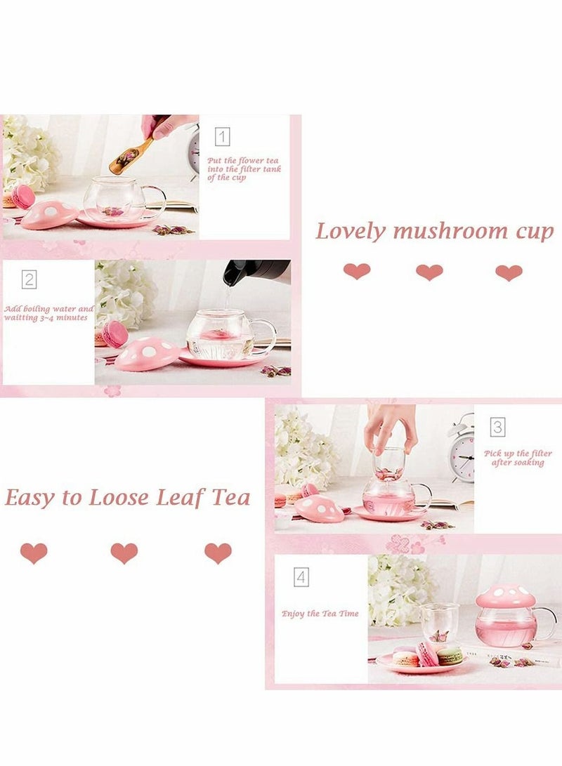 Tea Mug with Strainer Filter Infuser,for Loose Leaf Tea Mushroom Design Cute and Heat Resistant for Women Man Friends Gifts(290ML 9.6oz) (Pink)