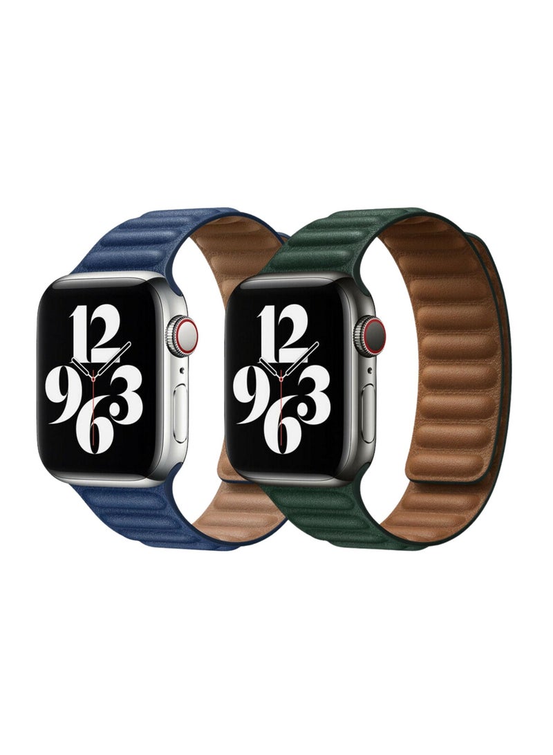 For Apple Watch Leather Link Band Strap iWatch Series 40/44/41/45mm Midnight Blue Strap with Sequoia Green Strap