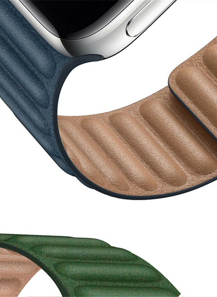 For Apple Watch Leather Link Band Strap iWatch Series 40/44/41/45mm Midnight Blue Strap with Sequoia Green Strap