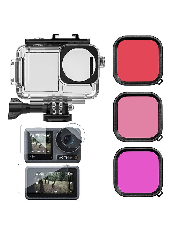 Waterproof Case Housing & 3 Pack Filter and Tempered Glass Screen Protector for DJI OSMO Action 3 Action Camera Accessories Underwater Photography Protective Kit Bundle for Action3 Accessory