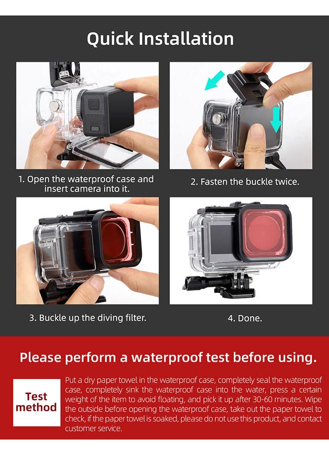 Waterproof Case Housing with 3 Pack Filter for DJI OSMO Action 3 Action Camera Accessories Diving Depth 134.2 ft (40 m) Underwater Photography Protective Shell