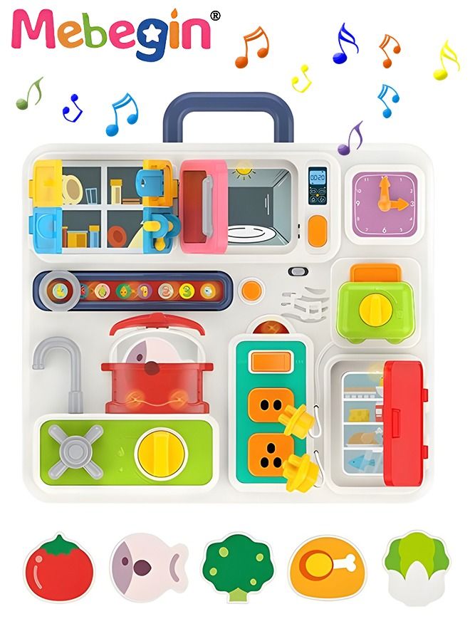 Busy Board with Music and Lights, Musical Sensory Learning Toys for Toddler Travel Toys, Montessori Busy Board Educational Learning Activities Fine Motor Skills Kitchen Cognition Game Board
