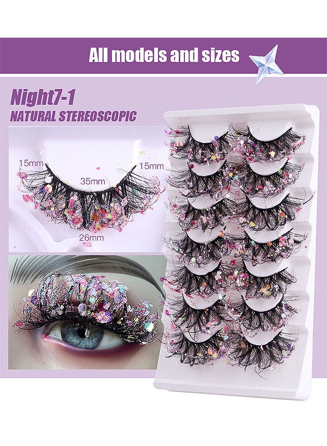 7 Pairs Night Luminous Glitter False Eyelashes Wispy Faux Mink Lashes Colored Eyelashes Dramatic Lashes for Party Stage Cosplay