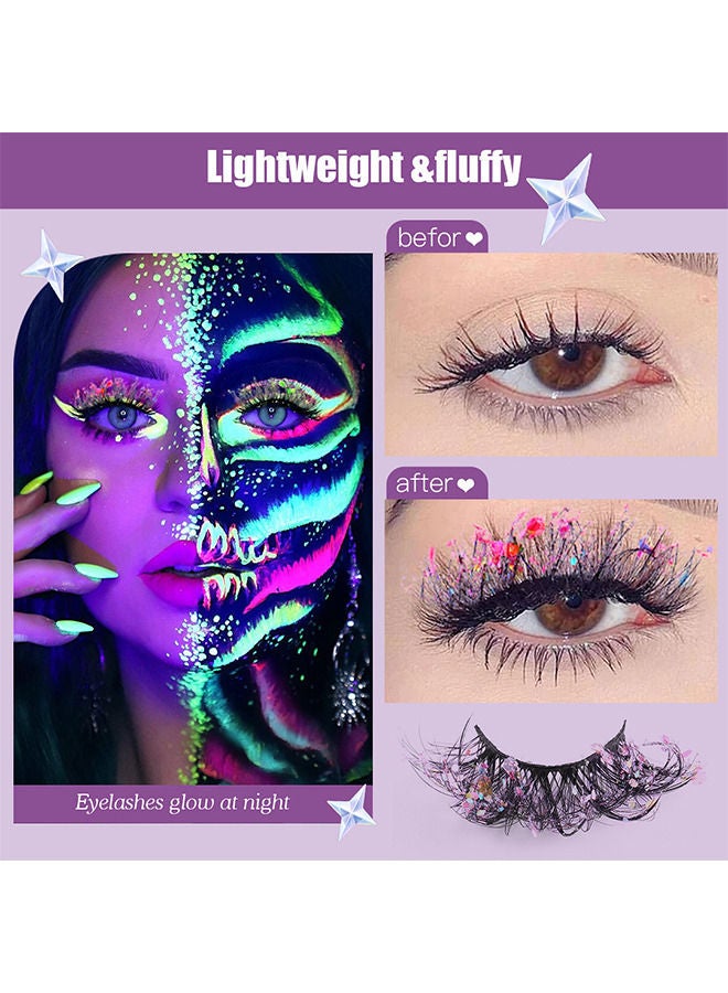 7 Pairs Night Luminous Glitter False Eyelashes Wispy Faux Mink Lashes Colored Eyelashes Dramatic Lashes for Party Stage Cosplay