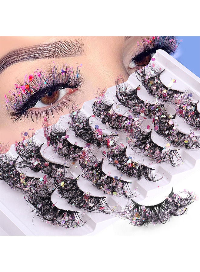 7 Pairs Night Luminous Glitter False Eyelashes Wispy Faux Mink Lashes Colored Eyelashes Dramatic Lashes for Party Stage Cosplay