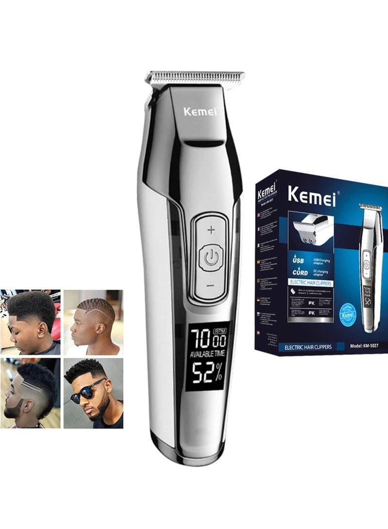 Men's LCD Display Baldheaded Hair Clipper Professional Beard Hair Trimmer Tools Cordless Electric Haircut Cutter Machine Rechargeable Edger, Silver