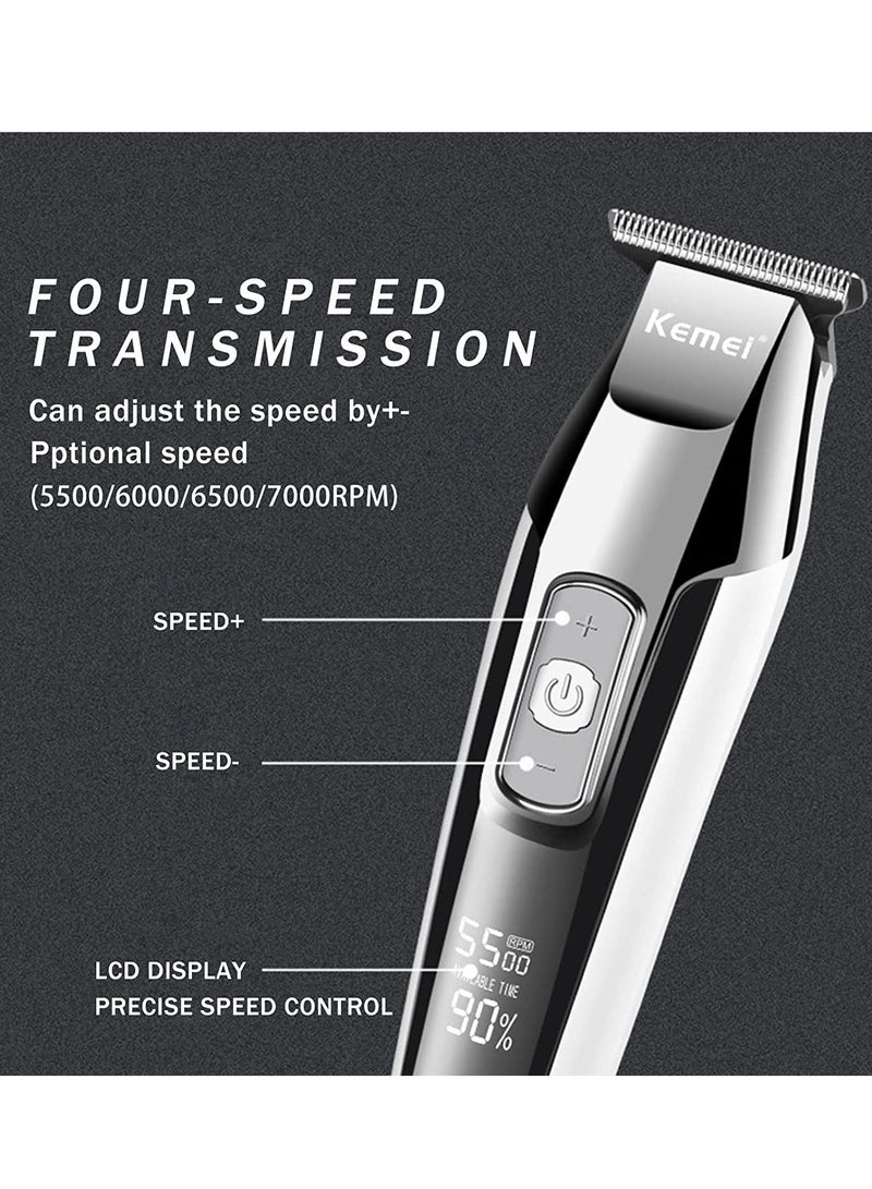 Men's LCD Display Baldheaded Hair Clipper Professional Beard Hair Trimmer Tools Cordless Electric Haircut Cutter Machine Rechargeable Edger, Silver