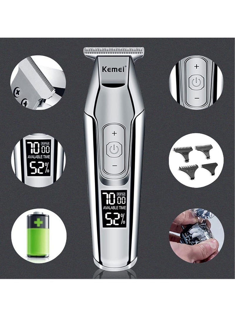 Men's LCD Display Baldheaded Hair Clipper Professional Beard Hair Trimmer Tools Cordless Electric Haircut Cutter Machine Rechargeable Edger, Silver