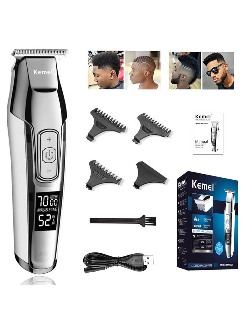 Men's LCD Display Baldheaded Hair Clipper Professional Beard Hair Trimmer Tools Cordless Electric Haircut Cutter Machine Rechargeable Edger, Silver