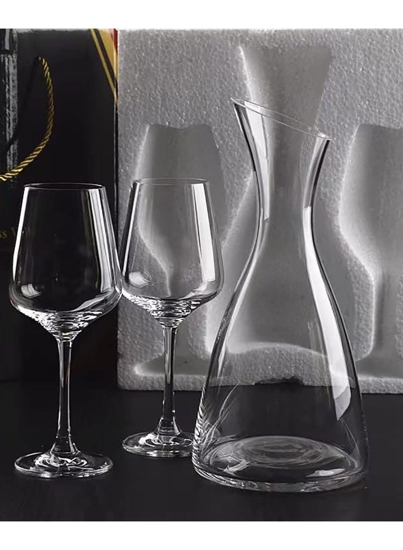 Decanter Set Handblown Lead-Free Crystal Carafe 1.2L Decanter with 2 Glasses (B)