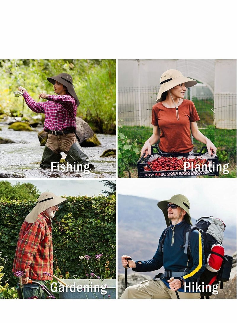 Outdoor Sun Hat for Men, 50+ UPF Protection Safari Cap Wide Brim Pure Cotton Fishing with Neck Flap, Khaki