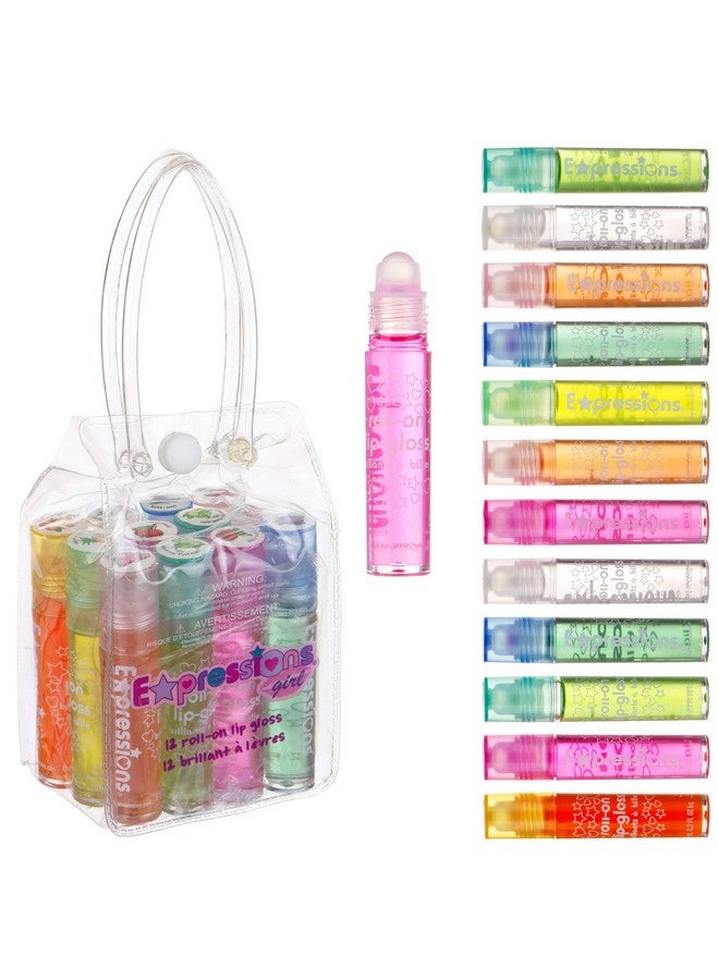 12Pc Roll On Lip Gloss Set With Carrying Case Glossy Lip Make Up For Kids And Teens Fruity Flavors Non Toxic Kid Friendly Party Gift Best Friends