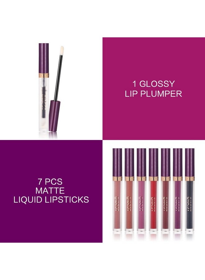 7Pcs Matte Liquid Lipstick Wiith 1Pcs Lip Plumper Makeup Set Waterproof Lip Gloss Sets Kit Pigmented Long Lasting Velvet Lip Makeup Gift For Women And Girls