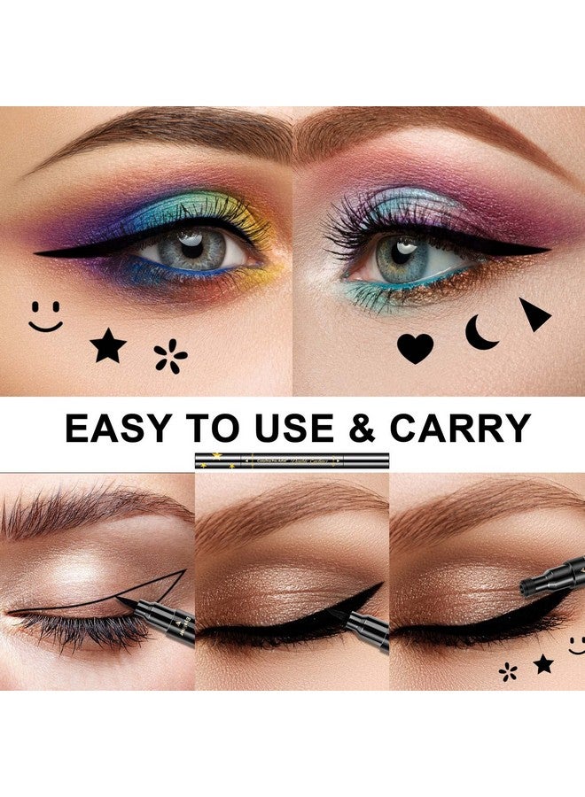 6 Pcs Double Headed Eyeliner Stamps Set Black Liquid Eye Liner Pen With Starmoonheartflowersmileytriangle Stamp Stencils Shapes For Women Makeup Kit Long Lasting Waterproof Smudgeproof