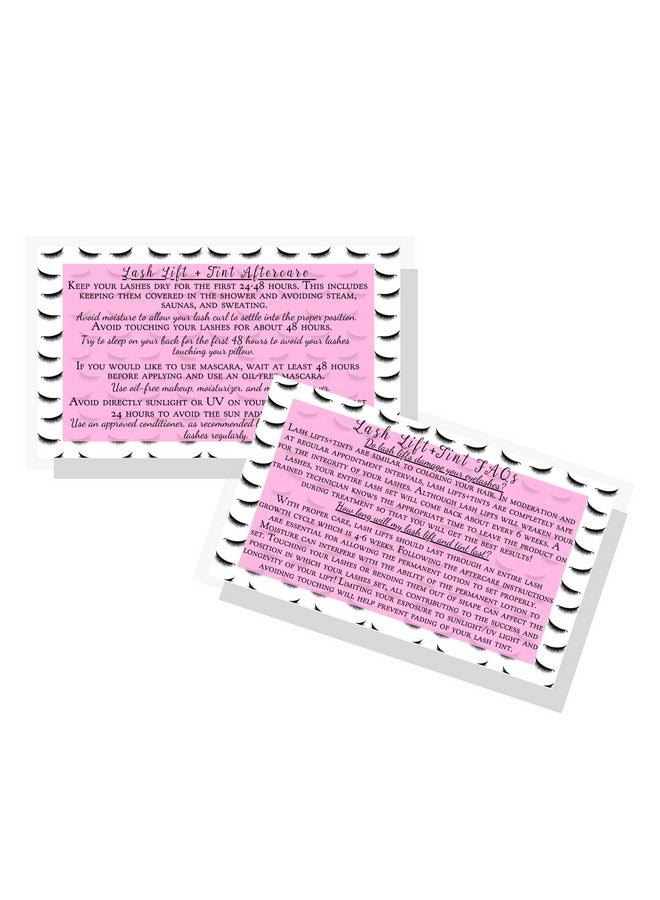 Lash Lift + Tint Aftercare Instruction Cards ; 50 Pack ; 2 X 3.5” Inches Business Card Size ; Eyelash Lift And Tint Kit At Home Diy Aftercare Supplies ; Lash Print With Pink Inlay Design