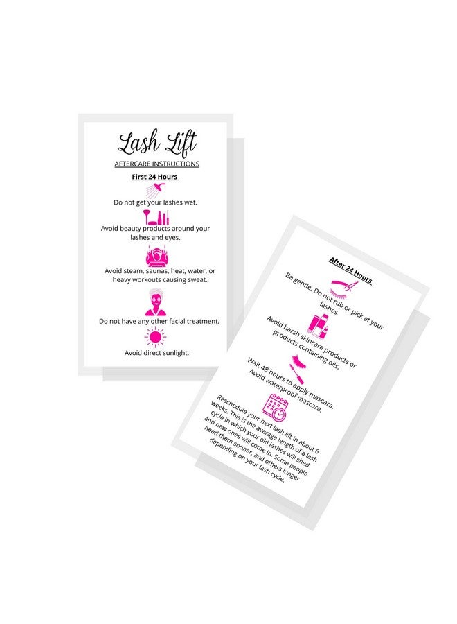 Lash Lift Aftercare Instruction Cards ; 50 Pack ; 2 X 3.5” Inches Business Card Size ; Starter Eyelash Lift Kit At Home Diy Aftercare Supplies ; White With Pink Icons Design