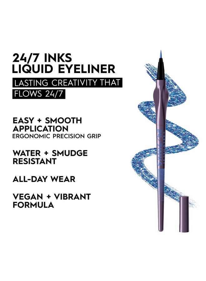 24/7 Inks Liquid Eyeliner Pen Water Resistant Smudge Proof Up To 24Hr Wear Ergonomic Grip Vegan & Cruelty Free Hi Energy (Blue Shimmer Brush Tip)
