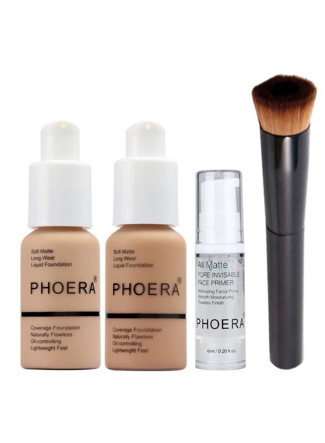 Full Coverage Makeup Set With 2X Foundation (105 Sand & 104 Buff Beige) Primer Gel & Applicator Brush Complete Face Cosmetics Kit For Women