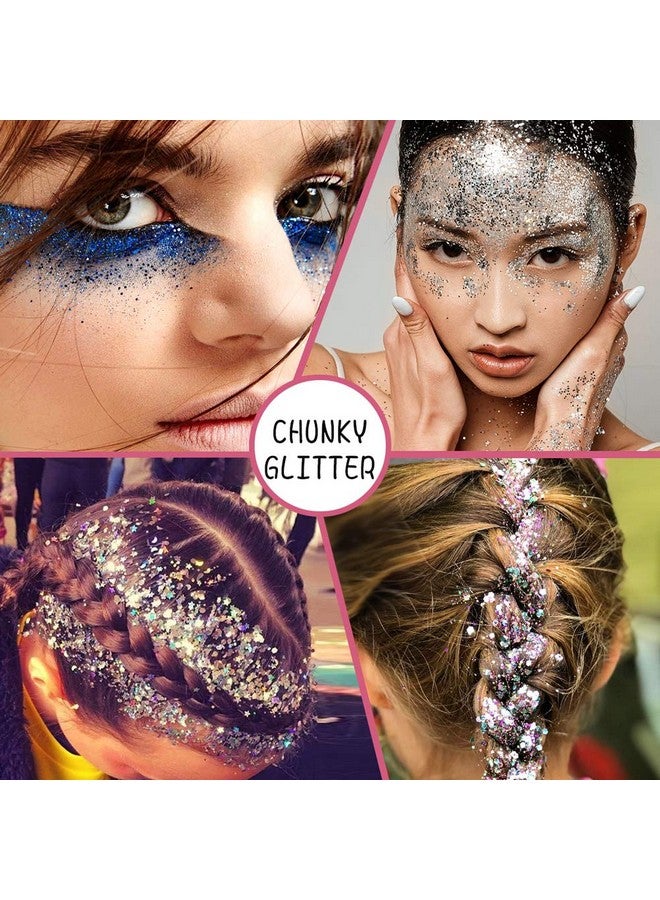 Holographic Chunky Glitter Sequins 12 Colors Mixed Laser Cosmetic Glitter For Face Body Eye Hair Nail Art Lip Gloss Festival Glitter Makeup With Different Hexagons Size (Metallic Mix)