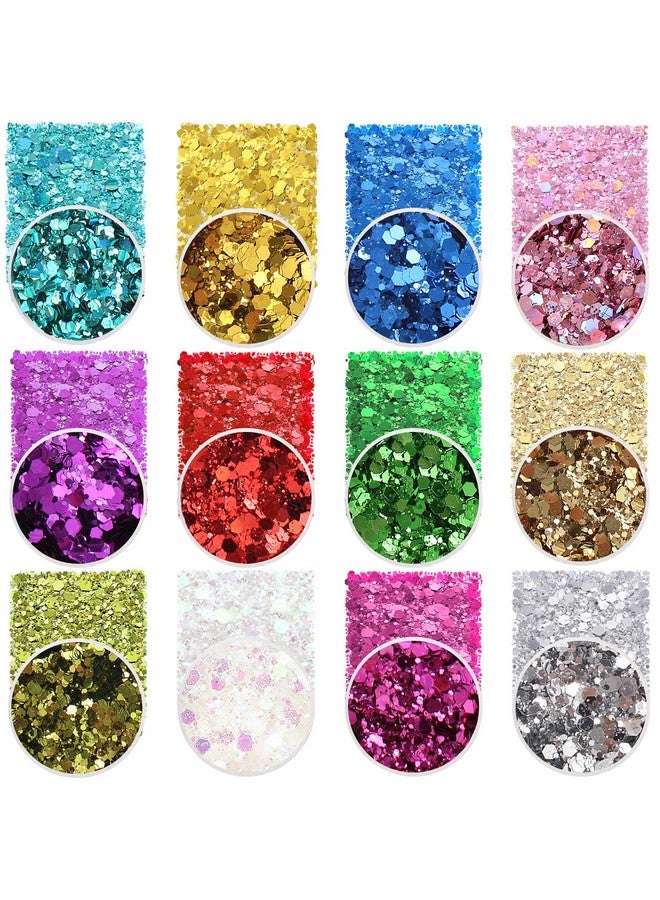 Holographic Chunky Glitter Sequins 12 Colors Mixed Laser Cosmetic Glitter For Face Body Eye Hair Nail Art Lip Gloss Festival Glitter Makeup With Different Hexagons Size (Metallic Mix)