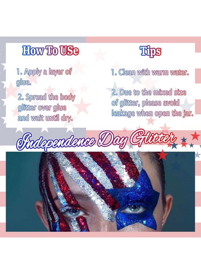 Independence Day Body Glitter 2 Jars Red Blue White Chunky Sequins With Glue Women Eyeshadow 4Th Of July Face Paint Festival Rave Outfit Hair Accessories Party Costumes Submarine Coral