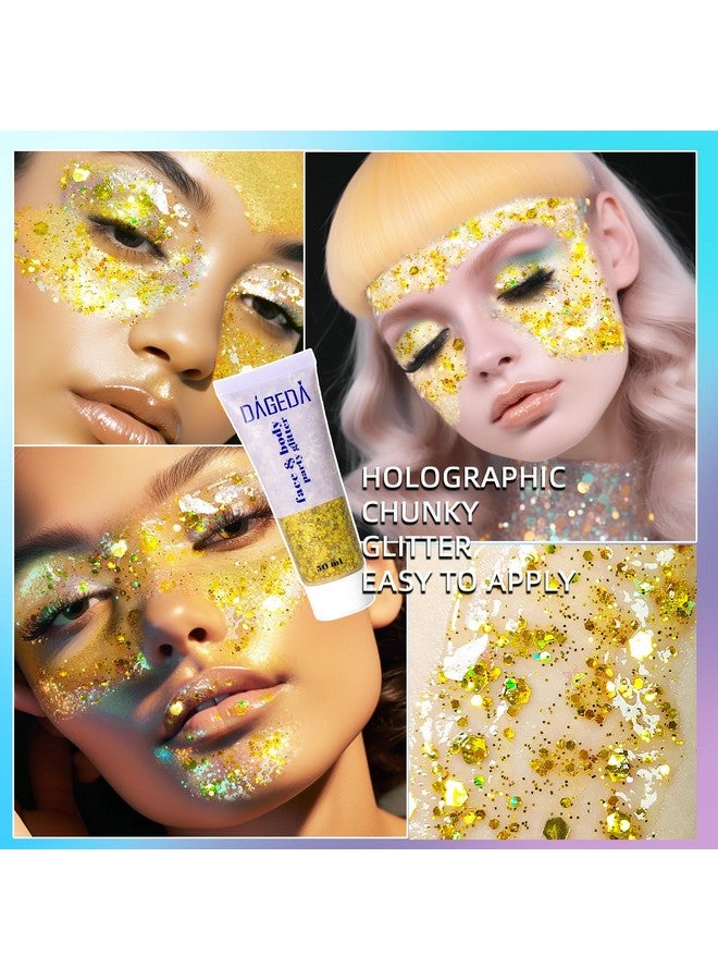 Body Glitter Gel Face Glitters Body Gel Sequins Shimmer Liquid Eyeshadow Chunky Glitter For Face Hair Nails Holographic Cosmetic Laser Powder Festival Glitter Makeup 50Ml(Gold）