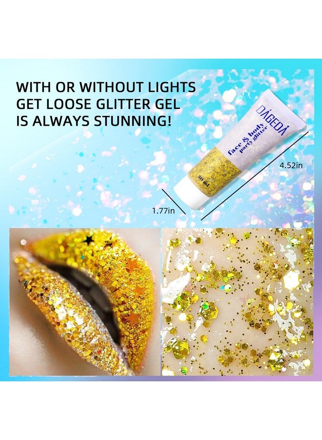 Body Glitter Gel Face Glitters Body Gel Sequins Shimmer Liquid Eyeshadow Chunky Glitter For Face Hair Nails Holographic Cosmetic Laser Powder Festival Glitter Makeup 50Ml(Gold）