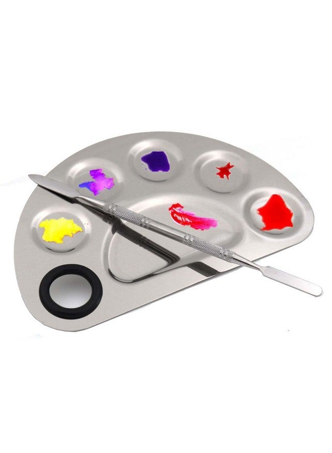 Stainless Steel 5 Well Makeup Palette Artist Mixing Palette With Spatula For Cosmetic Blending (Semicircle)