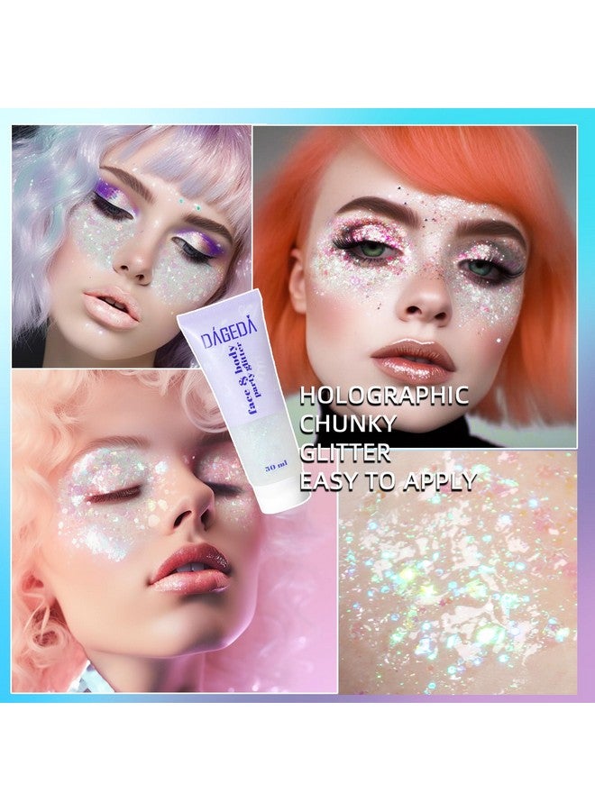 Body Glitter Gel Face Glitter Body Gel Sequins Shimmer Liquid Eyeshadow Chunky Glitter For Face Hair Nails Holographic Cosmetic Laser Powder Festival Glitter Makeup 50Ml(White)