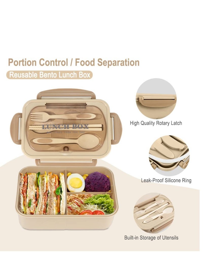 Bento Box for Adult, LeakProof Lunch Box with Utensils, 1200 ML Lunch Containers for Adults, BPA Free, 3 Compartment Bento Box Microwave Safe, Khaki