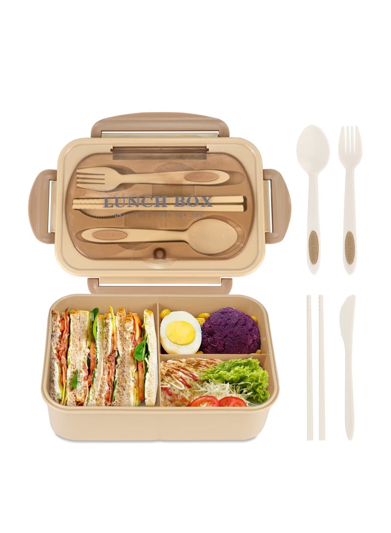 Bento Box for Adult, LeakProof Lunch Box with Utensils, 1200 ML Lunch Containers for Adults, BPA Free, 3 Compartment Bento Box Microwave Safe, Khaki