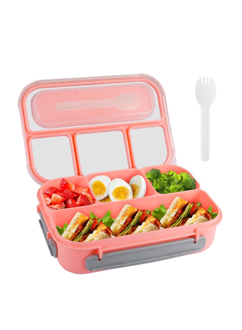 Bento Box Lunch Box, Adult Containers for Adults/Students, 5 Cup Boxes with 4 Compartments&Fork, Leak-Proof,  Pink