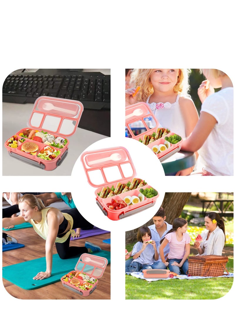 Bento Box Lunch Box, Adult Containers for Adults/Students, 5 Cup Boxes with 4 Compartments&Fork, Leak-Proof,  Pink