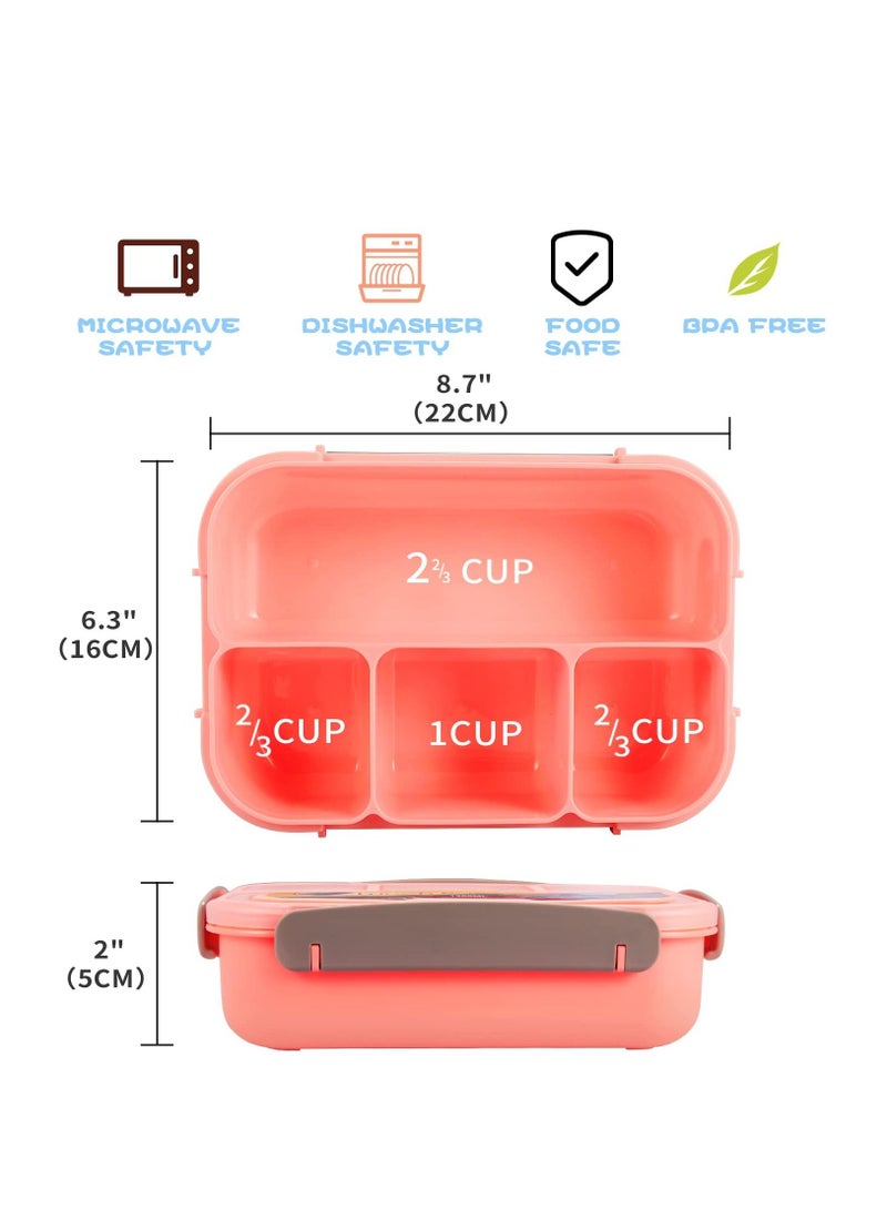 Bento Box Lunch Box, Adult Containers for Adults/Students, 5 Cup Boxes with 4 Compartments&Fork, Leak-Proof,  Pink