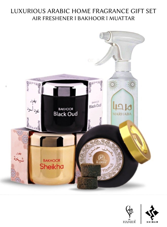 Ultimate Luxurious Home Fragrance Gift Set - Air Freshener Marhaba 350ml | Bakhoor Black Oud 70gm | Bakhoor Sheikha 70gm | 55gm Mamoul Hamidi Incense (4pcs Included) Assorted