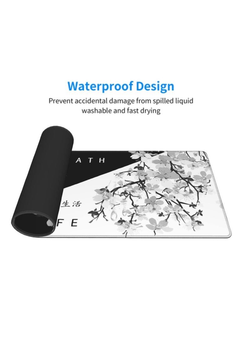 Gaming Mouse Pad Black and White Cherry Blossom, Stitched Edges Mousepad, Art Gaming Mouse Pad, Extended Large Mouse Mat Desk Pad, Long Non-Slip Rubber Base Mice Pad