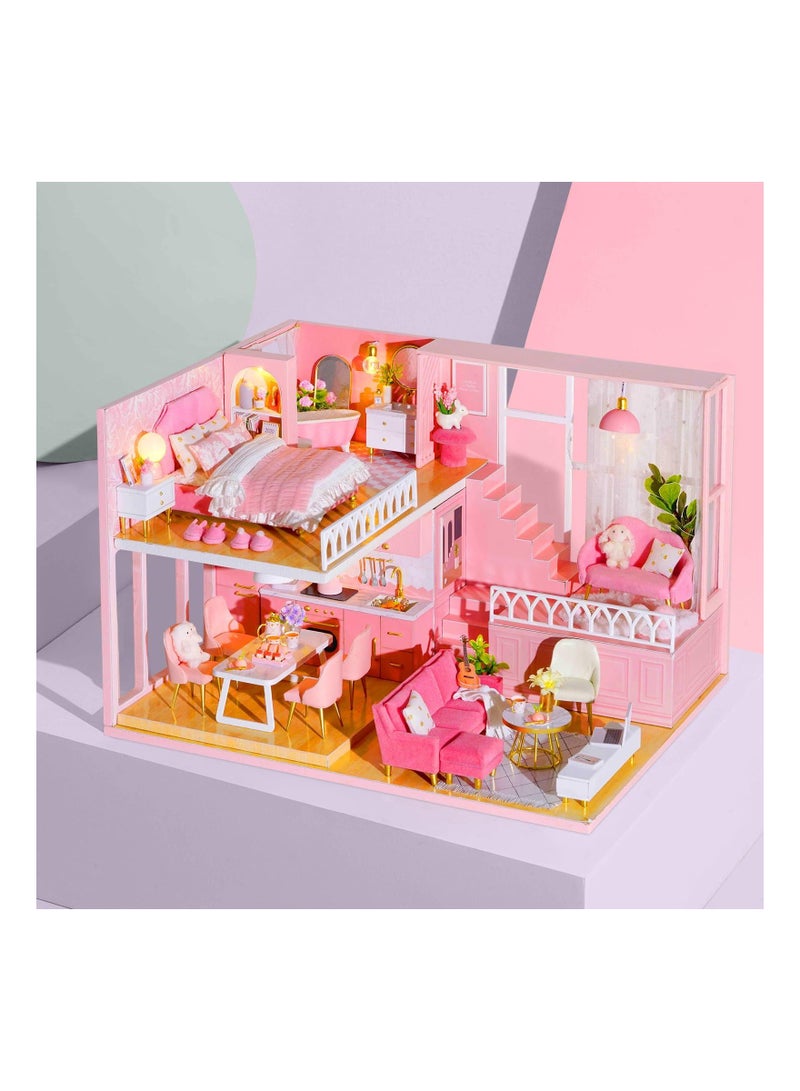 DIY Miniature Dollhouse Kit 1:24 Scale Mini Handmade Wooden Doll House with Music Great Crafts Gift for Birthday Mother's Day Kids Teens Adults Assemble the Villa Model Gift
