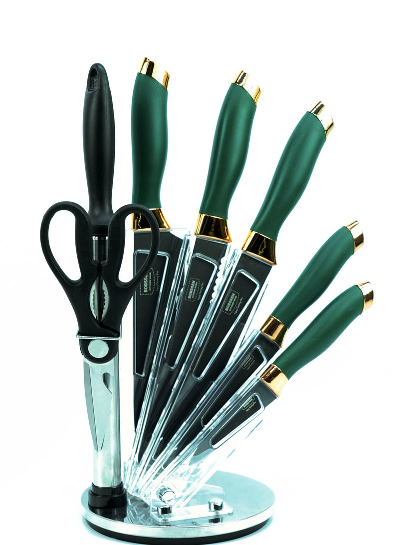 8pcs Stainless steel  Kitchen Knives Set with holder Green Color