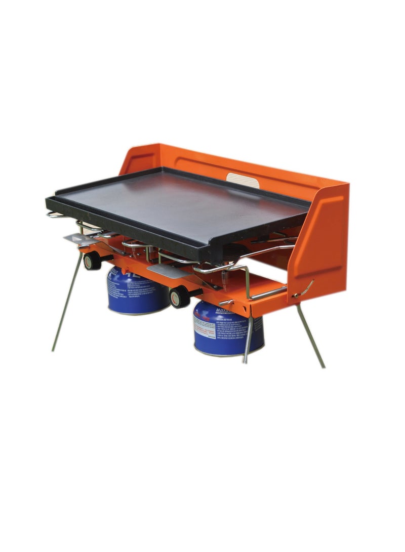 Flame-On Double Burner Foldable Gas Stove with Grill Plate