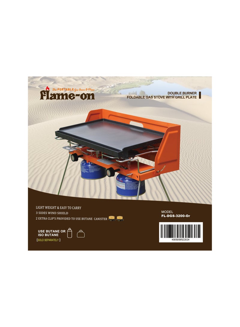 Flame-On Double Burner Foldable Gas Stove with Grill Plate