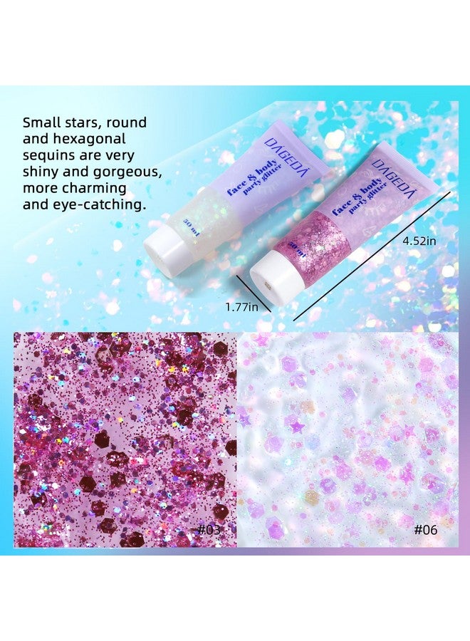 2Colors Body Glitter Gel Face Glitter Gel Body Shimmer Body Sequins Liquid Eyeshadow Holographic Laser Glitter Makeup Extra Fine Glitter Gel For Women Rave Accessorie (White And Pink)