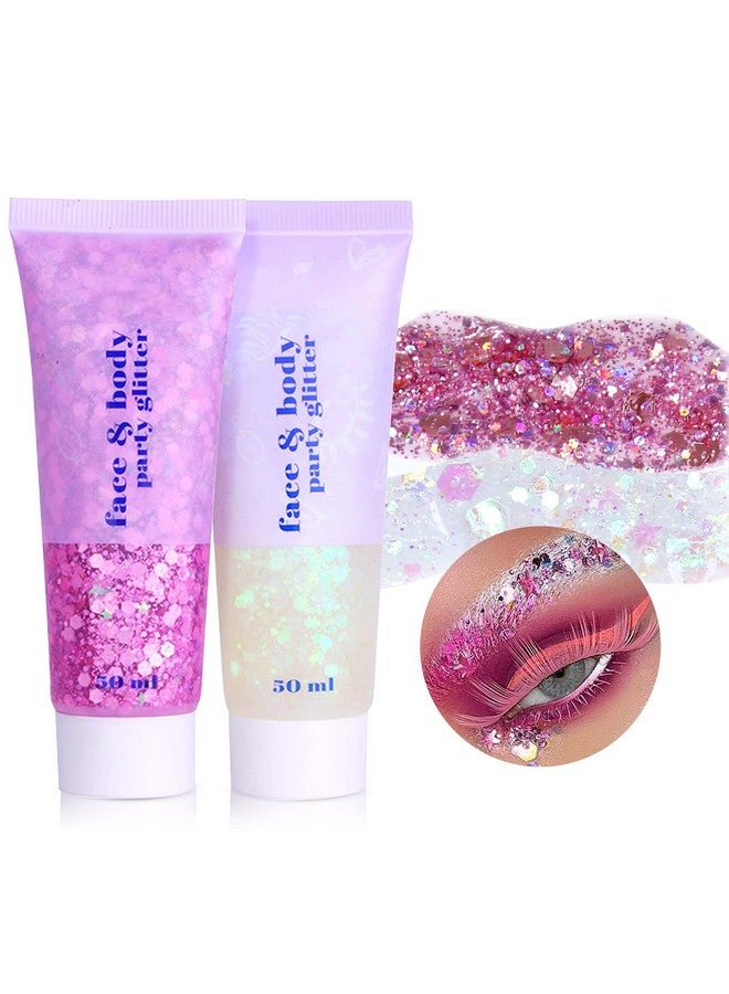 2Colors Body Glitter Gel Face Glitter Gel Body Shimmer Body Sequins Liquid Eyeshadow Holographic Laser Glitter Makeup Extra Fine Glitter Gel For Women Rave Accessorie (White And Pink)