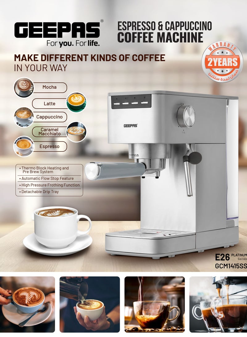 Espresso and Cappuccino Coffee Maker Machine Equipped with 20 Bar High Pressure Pump and Powerful Steam System Makes Cappuccino, Lattes, Espresso, Macchiato, Mocha 1.4 L 1450 W GCM1415SS Silver