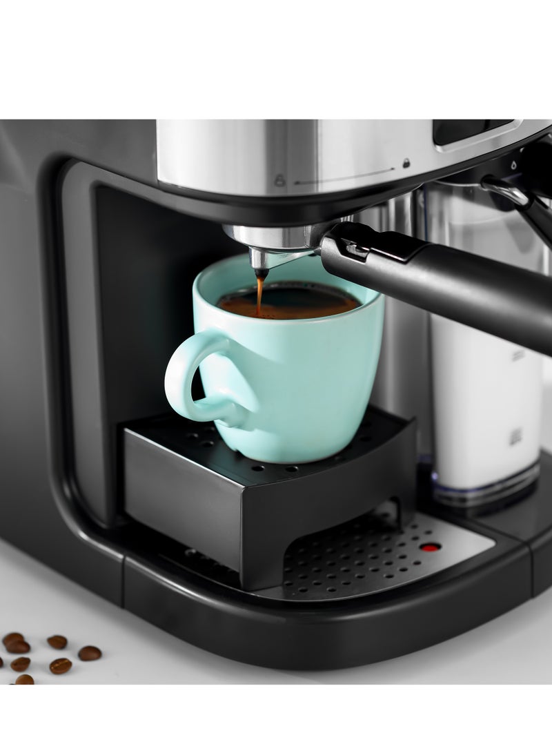 Espresso and Cappuccino Coffee Machine, Equipped with 20 Bar High Pressure Pump and Powerful Steam System, Makes Cappuccino, Lattes, Espresso, Macchiato, Mocha 1.5 L 1250 W GCM1215SA Silver/ Black