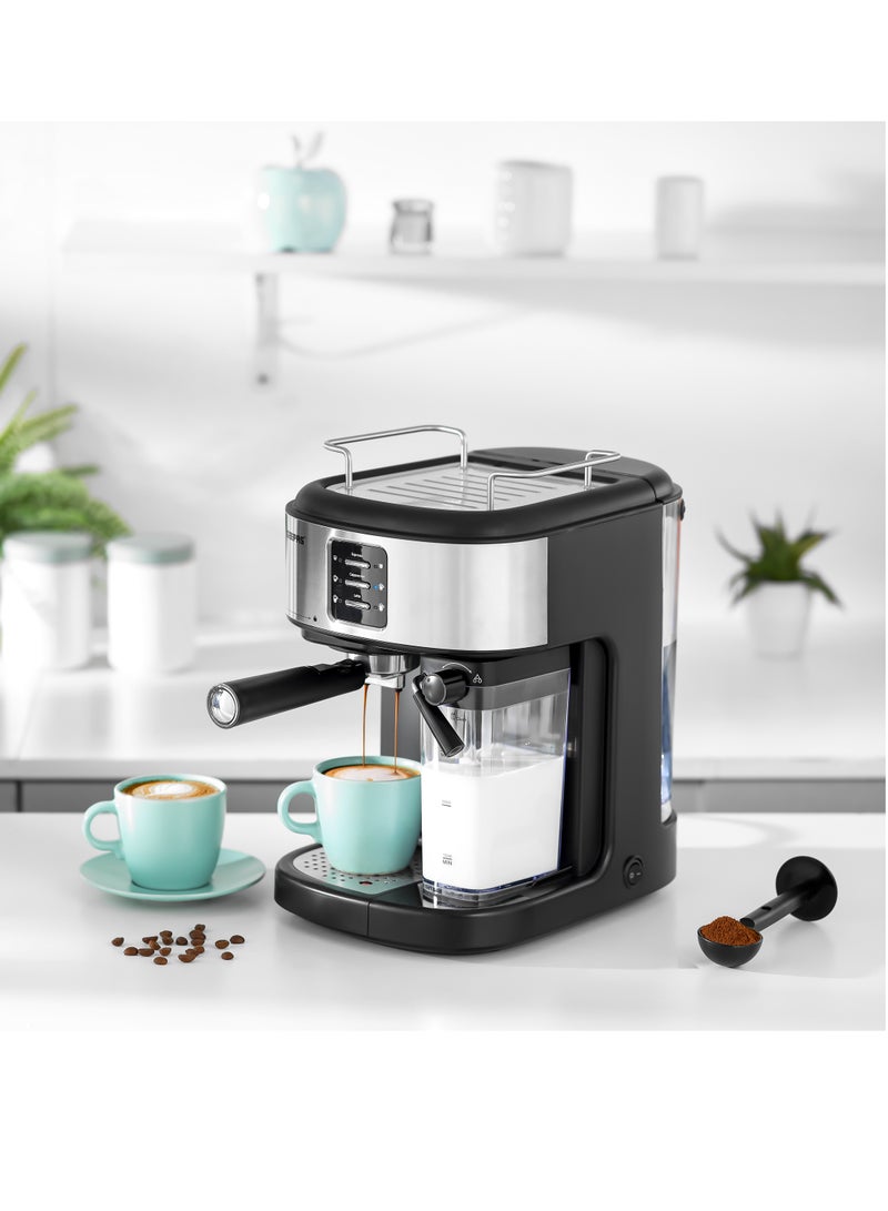 Espresso and Cappuccino Coffee Machine, Equipped with 20 Bar High Pressure Pump and Powerful Steam System, Makes Cappuccino, Lattes, Espresso, Macchiato, Mocha 1.5 L 1250 W GCM1215SA Silver/ Black