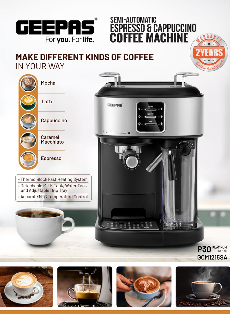 Espresso and Cappuccino Coffee Machine, Equipped with 20 Bar High Pressure Pump and Powerful Steam System, Makes Cappuccino, Lattes, Espresso, Macchiato, Mocha 1.5 L 1250 W GCM1215SA Silver/ Black