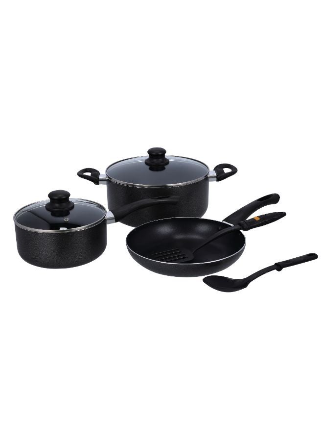 7-Piece Aluminium Marble Coated Cookware Set Black 24x11cm