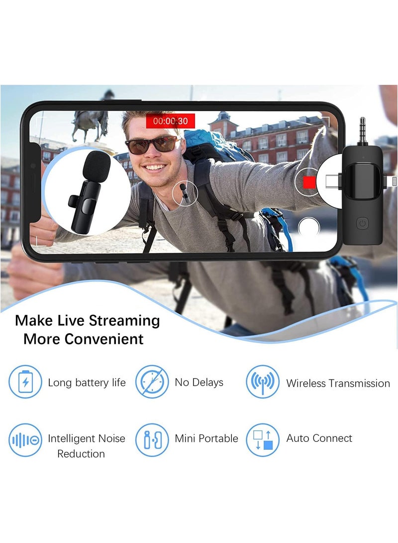 Wireless Lavalier Microphone 3 in 1 for iPhone iPad iPhone 15 USB C Smartphone Computer Camera, Plug and Play Intelligent Noise Reduction Mini Mic for Vlog YouTube TikTok Live Streaming (MIC 2)